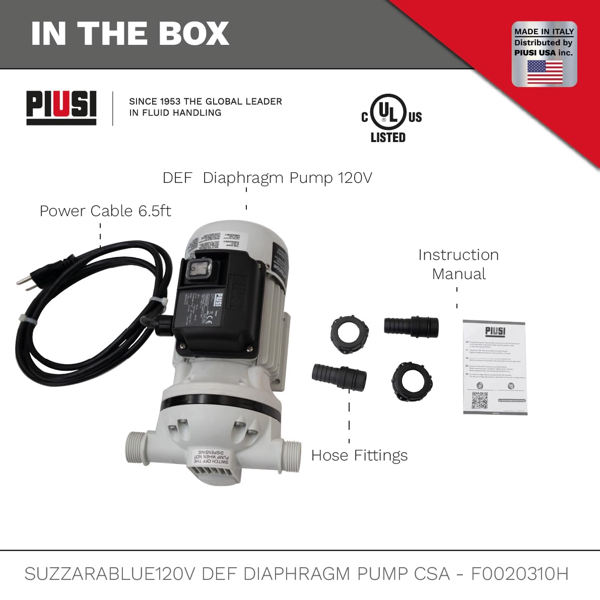 Piusi Suzzarablue AC DEF Transfer Pump 120V 60Hz 9 GPM