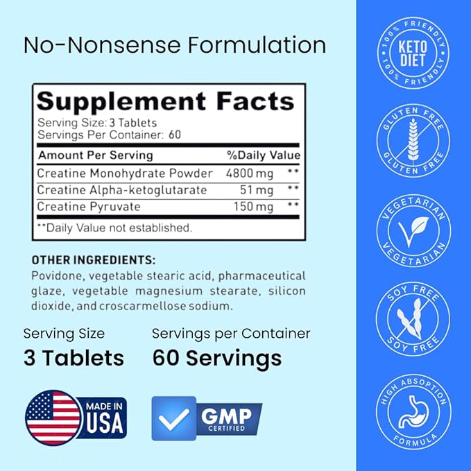 Crazy Muscle Creatine Monohydrate Pills, Premium 3 Type 5g Creatine Pills, Pre and PostWorkout & Keto Energy Builder, Easy to Take Three-Atine for Optimum Performance Men Women, 180 Tablets