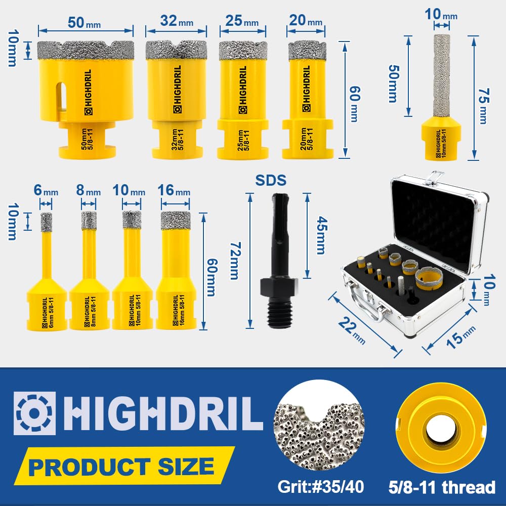 HIGHDRIL Diamond Drill Bits Kit with 5/8-11 for Porcelain Tile Ceramic Marble Brick Concrete Vacuum Brazed Hole Saw and HIGHDRIL Diamond Drill Bits Kit with 5/8-11