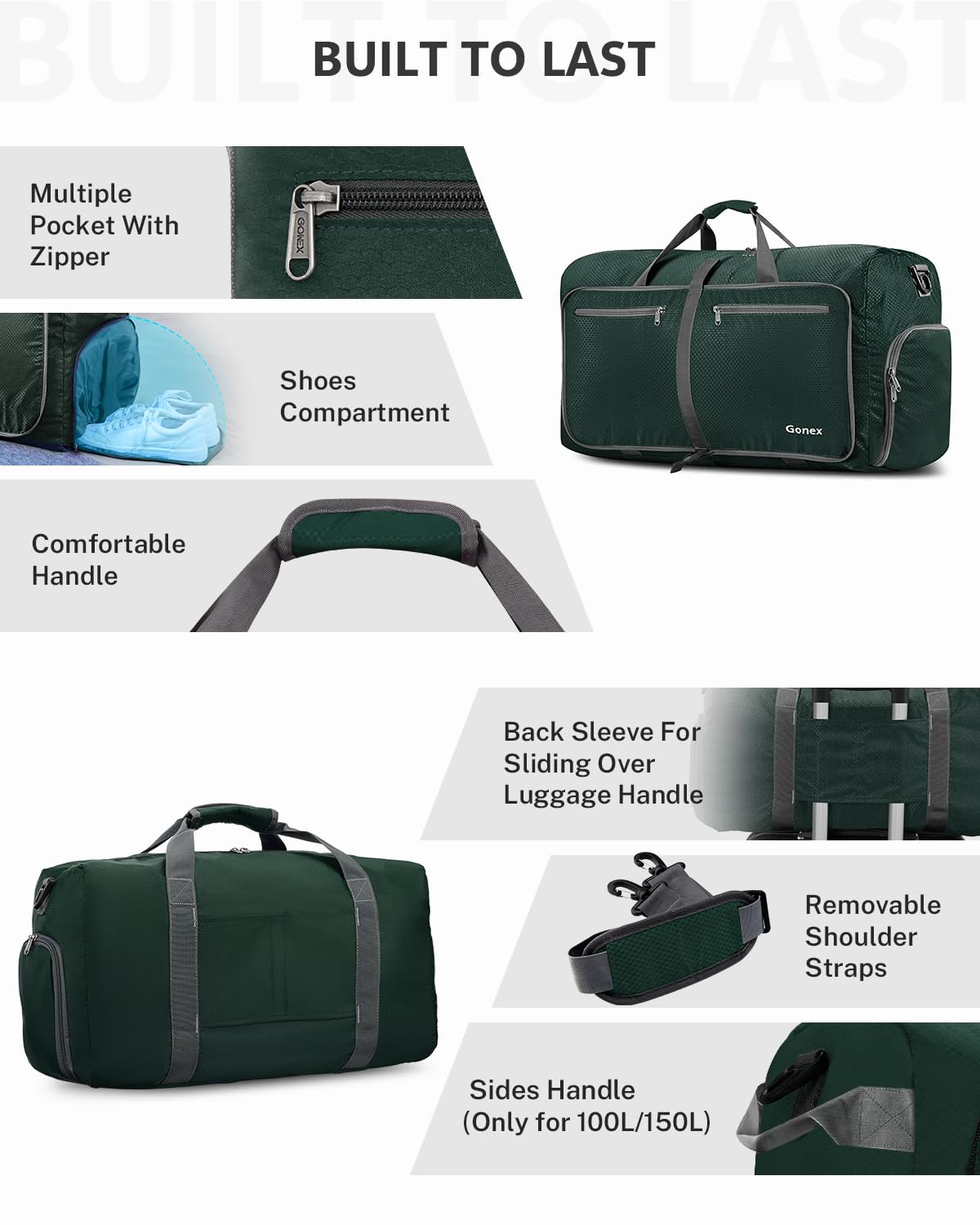 Gonex 80L Packable Travel Duffle Bag Foldable Duffel Bags for Luggage Gym Sports Camping Travelling Cycling Storage Shopping Water & Tear Resistant Dark Green