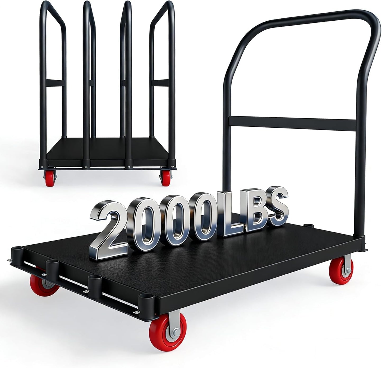 2000LBS Heavy Duty Folding Platform Cart - Dual Side Handrails - 37x24 Inch All-Weather Rolling Computer Tower Dolly - 5" 360° Swivel Wheels - Easy Storage - Black | 2 Brake Wheels + 2 Global Wheels