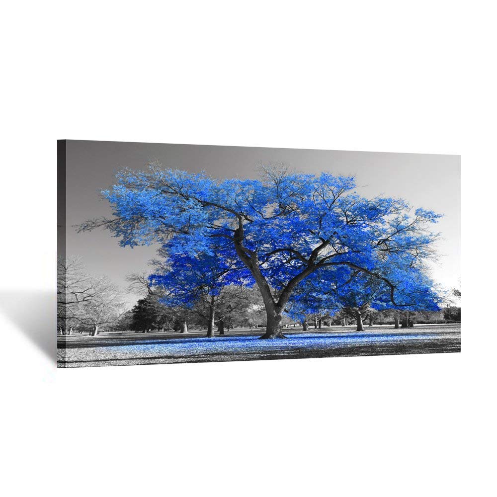 KREATIVE ARTS Canvas Prints Blue Tree Wall Art Painting Contemporary Black and White Fall Landscape Pictures Modern Giclee Stretched and Framed Artwork for Walls 20x40inch