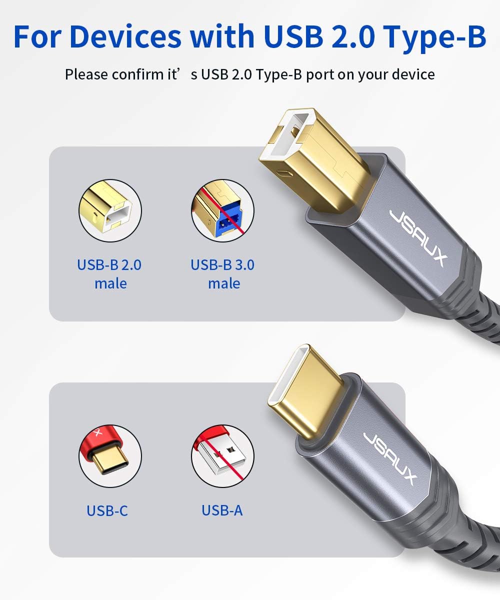 10ft JSAUX USB C to USB B Printer Cable - Nylon Braided, Compatible with MacBook Pro, HP, Epson, Canon, Brother