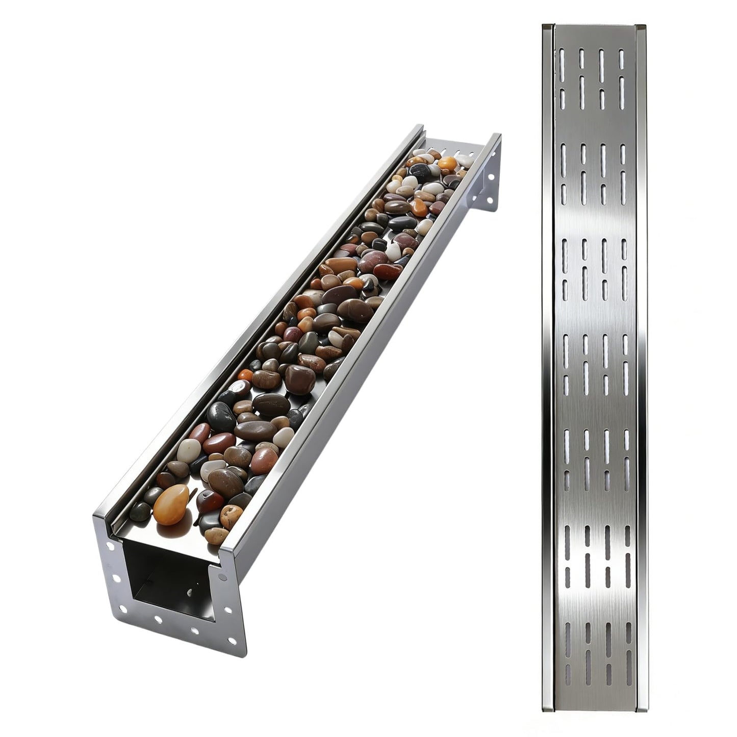 304 Stainless Steel Channel Drain with Pebble Cover–Heavy-Duty Rustproof Channel Drain Kit, Decorative Landscape Trench Drain System for Patio, Yard, Garden Paths, Walkways & Outdoor Drainage.
