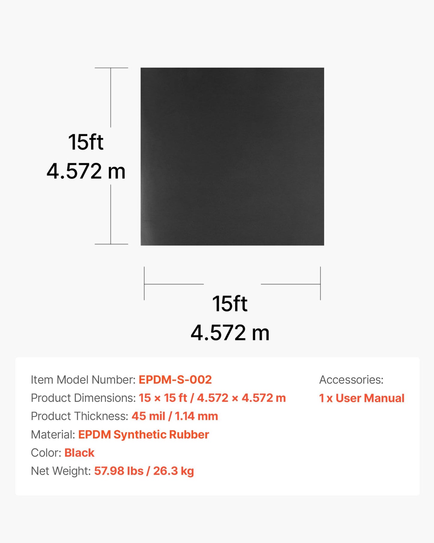 VEVOR Roll Roofing, 15 x 15 ft, 45 mil EPDM Rubber Roofing, Long Lifespan & Weather-Resistant, Withstands Harsh Temperatures, Flexible & Easy Installation, Roof Underlayment for RVs, Roofs, Ponds
