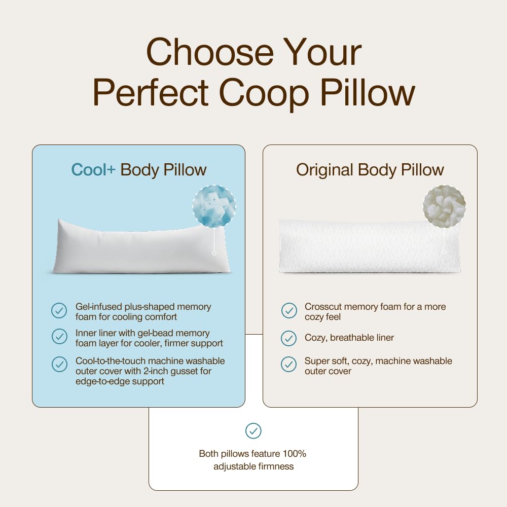 Coop Home Goods Original Adjustable Body Pillow, 20x54 Long Pillow for Back, Shoulder, Hip and Knee Support, Side Sleeper Body Pillows for Adults with Memory Foam & Washable Cover