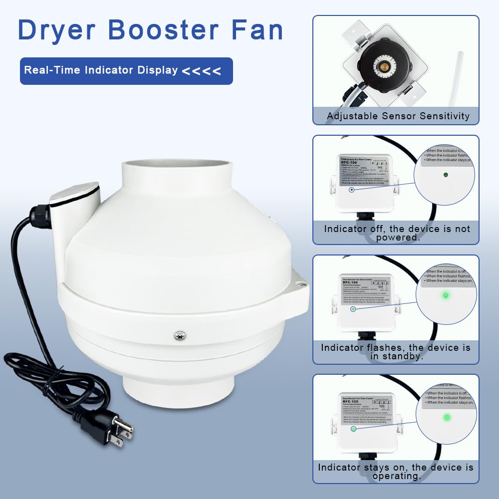 MIDCVFRUN Dryer Vent Booster Fan with Pressure Switch for Automatic Activation, 4" Inline Exhaust Fan 260CFM High Air Volume, Ultra-Quiet Anti-Clog Design Efficiently Reducing Drying Time