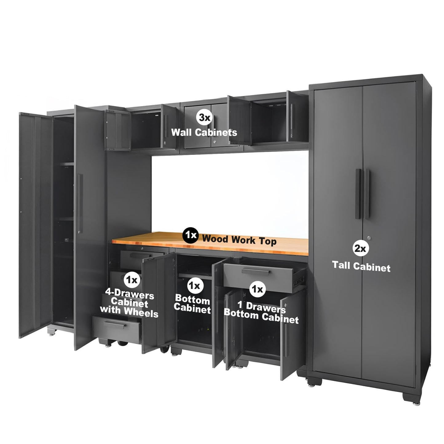 Torin Garage Cabinets Storage System, 9 Piece Included Steel Drawers Rolling Chest,Locked Storage Cabinet, Perfect for Organizing Garage and Tools, Black/Grey