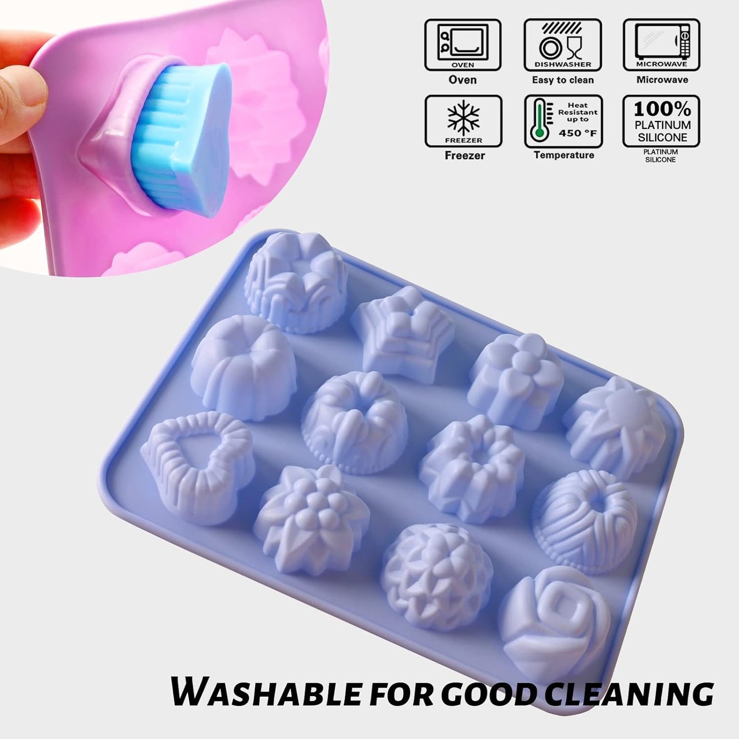 Sakolla Silicone Flower Molds - 12 Cavity Set for Chocolate, Cupcakes, Candy & More | Pink, Purple, Blue