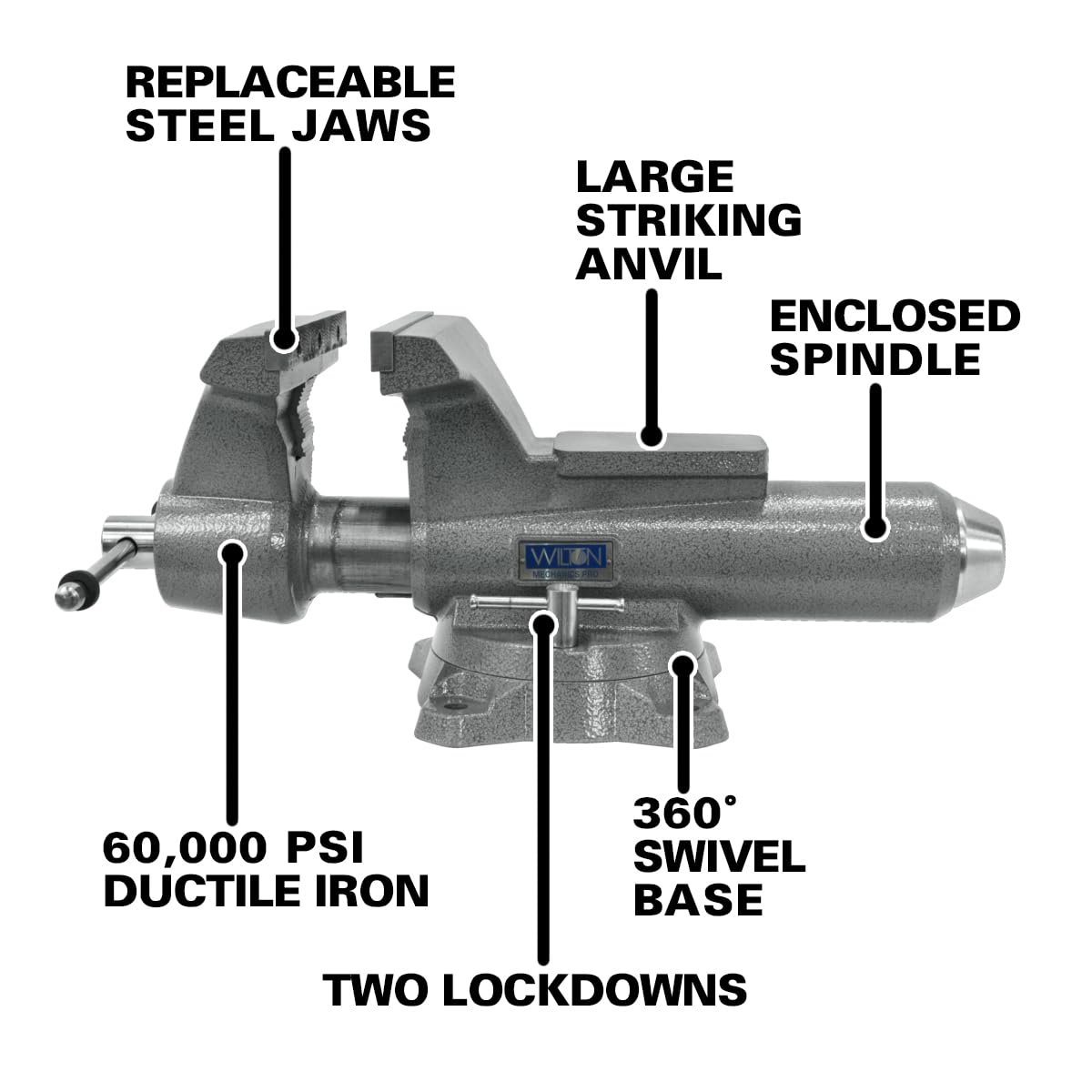 Wilton Mechanics Pro Bench Vise, 10" Jaw (Width-12", Opening-5-1/4") Throat (Model 8100M), Gray