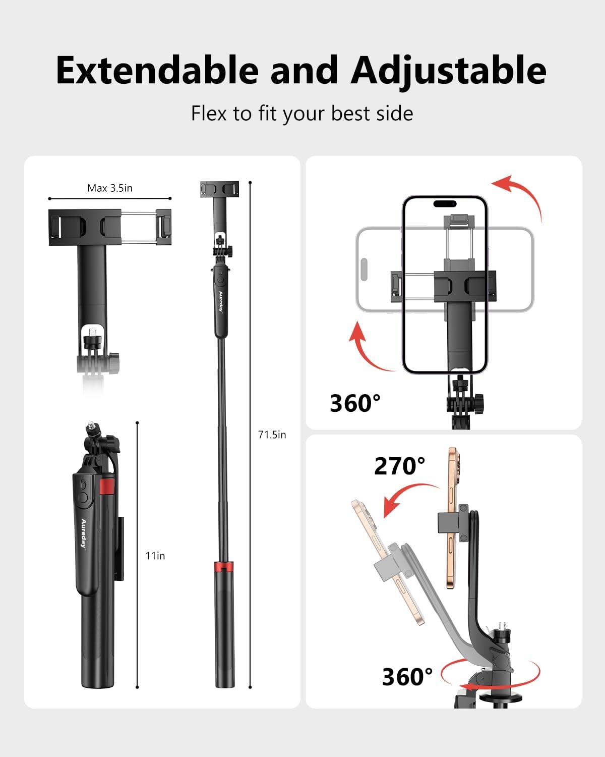 Aureday 72" Phone Tripod and Selfie Stick, Cell Phone Tripod Stand with Wireless Remote & Extendable Phone Mount