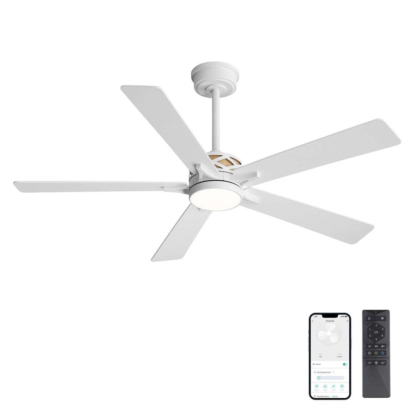 WINGBO 52" Smart Ceiling Fan with Lights, White/Oak Blades, 6 Speeds Reversible DC Motor, Works with Alexa and Google Assistant, 3CCT Dimmable LED Ceiling Fan for Bedroom Living Room, White Finish
