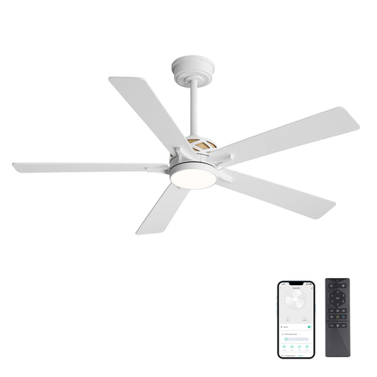 WINGBO 52" Smart Ceiling Fan with Lights, White/Oak Blades, 6 Speeds Reversible DC Motor, Works with Alexa and Google Assistant, 3CCT Dimmable LED Ceiling Fan for Bedroom Living Room, White Finish