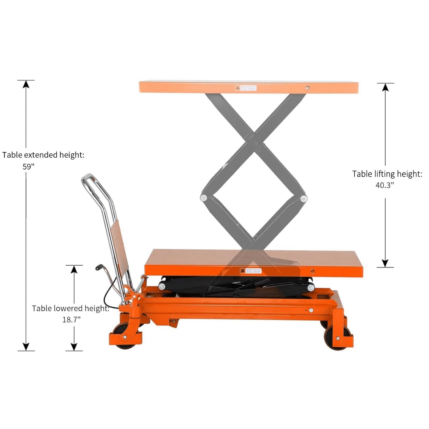 APOLLOLIFT Hydraulic Lift Table Cart, 1760lbs Capacity 59" Lifting Height, Double Scissor Lift Table with 4 Wheels and Safety Back Guard for Material Handling and Transportation(Orange)