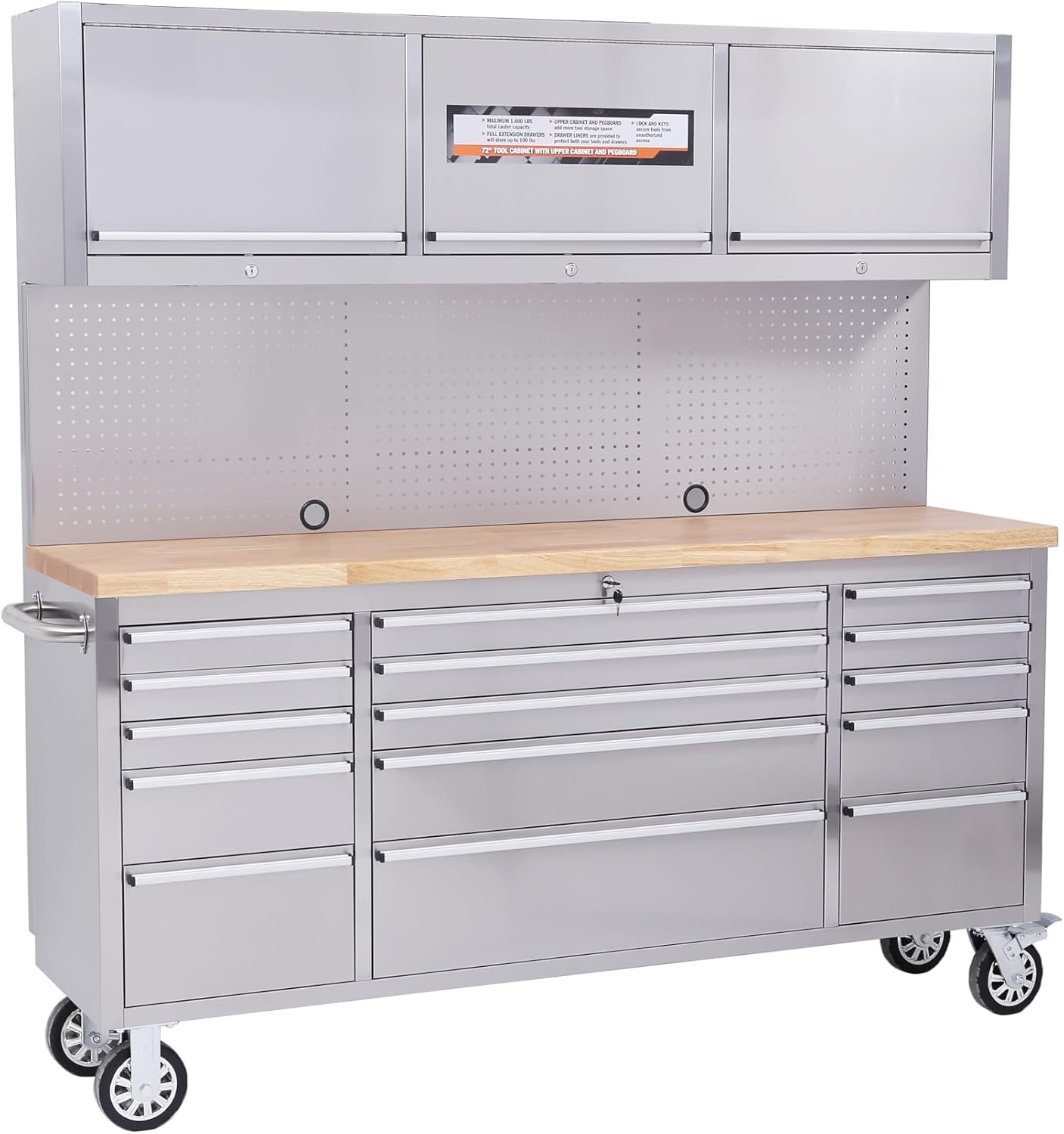 72 Inch Garage Tool Cabinet with 15 Drawers, Garage Workbench/Storage Cabinet, Rolling Toolbox Stainless Steel Tool Bench with Locking System, Metal Construction, Workshop/Garage/Home
