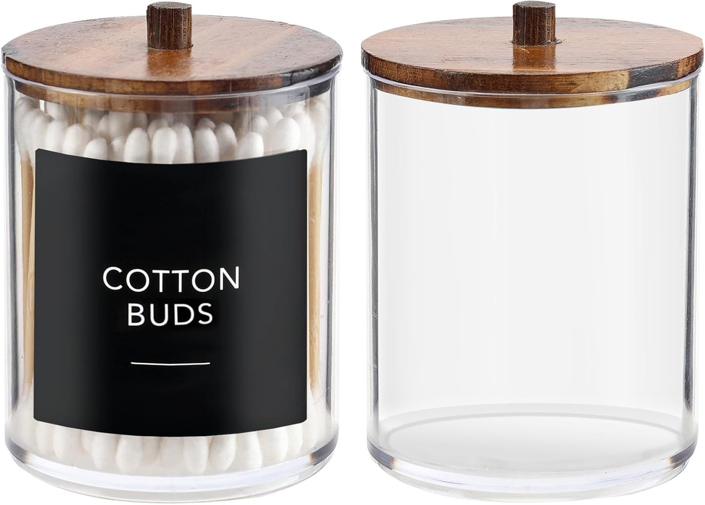 Temoyj Qtip Holder Dispenser - 10 oz Clear Plastic Apothecary Jar with Wood Lids | Vanity Makeup Organizer