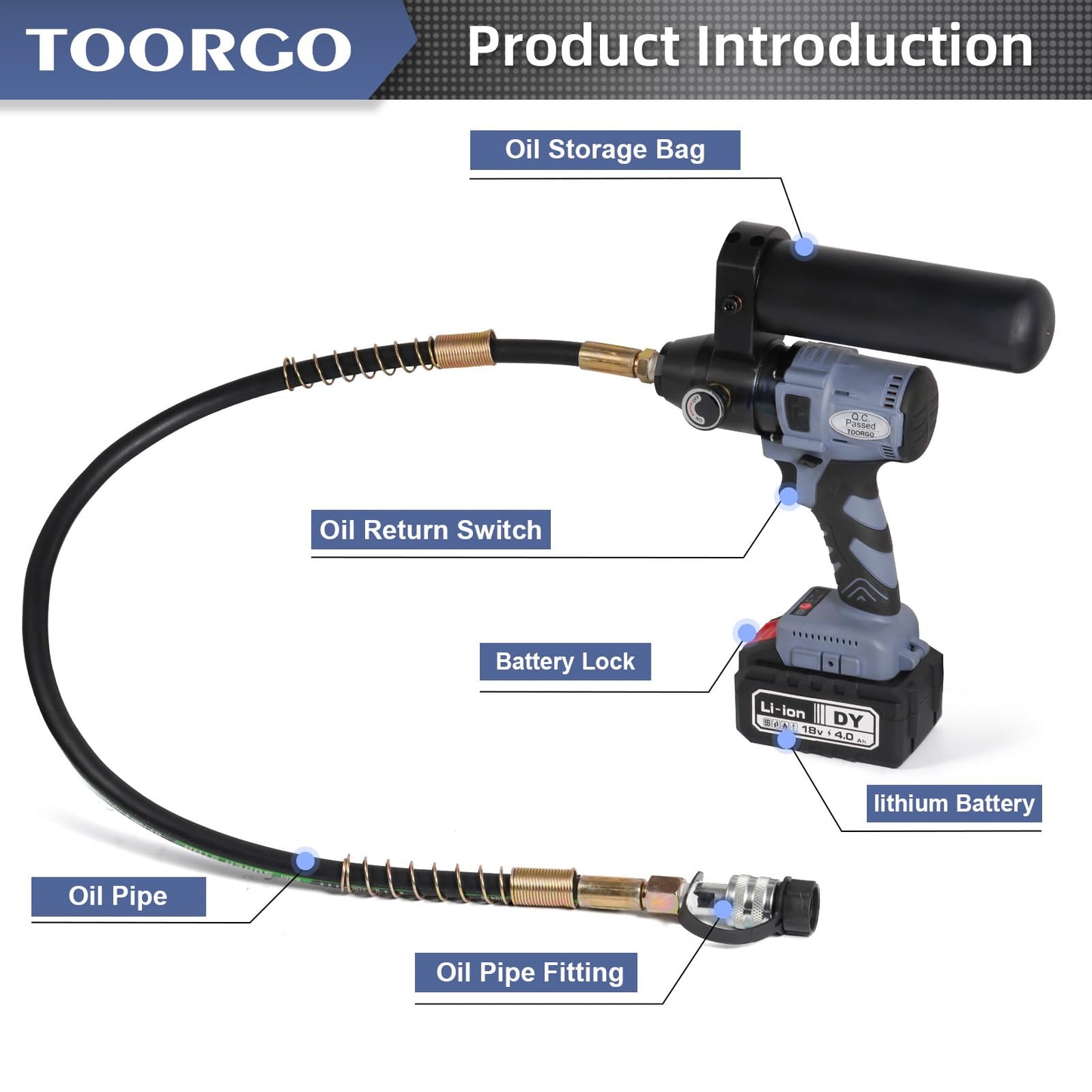 TOORGO Electric Hydraulic Pump, ZG3/8" Oil Outlet, 2.3 ft Pipe,10000 Psi Rechargeable Portable Hydraulic Pump for Hydraulic Jack or Hydraulic Tool