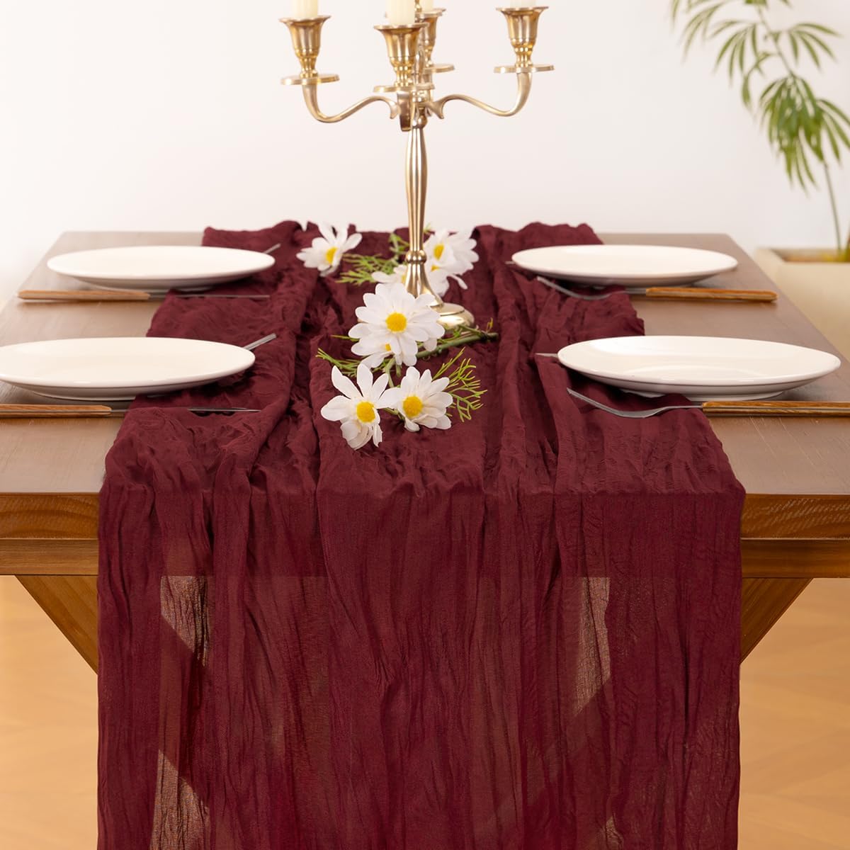 Socomi Burgundy Red Cheesecloth Table Runner - 120 Inch Boho Rustic Decor for Weddings & Events