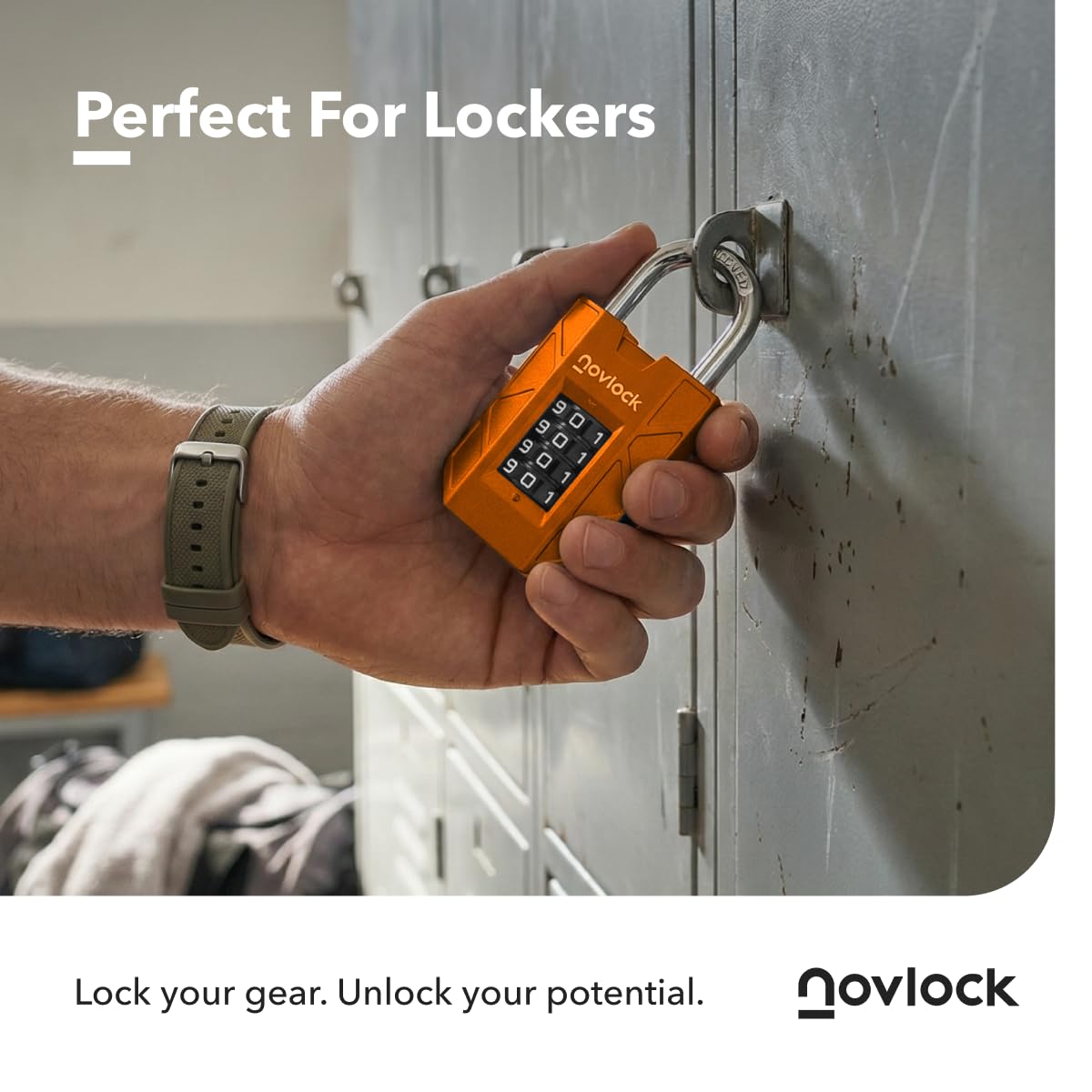 NOVLOCK Combination Lock for Locker, 4-Digit Padlock with Code for Gym, School, Home & Work, 1-Pack, Orange