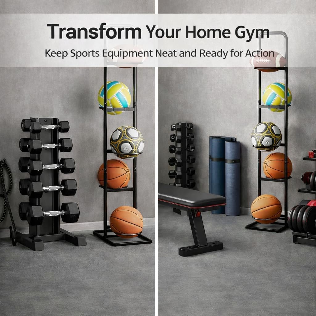 MLUPODY Vertical Ball Rack -basketball rack- Durable Carbon Steel Storage for Basketball, Soccer, Volleyball, and More - Easy to Assemble, Waterproof, Sturdy - 56.7" H