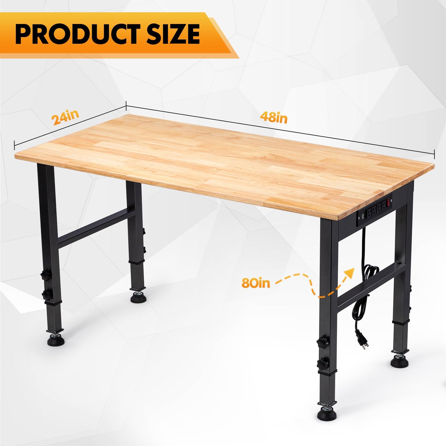 48" Height Adjustable Workbench, 2000 LBS Load Capacity Rubber Wood Top Workstation with Power Outlet and Foot Pads, Heavy-Duty Hardwood Worktable for Garage Workshop (with Foot Pads and Socket,48'')