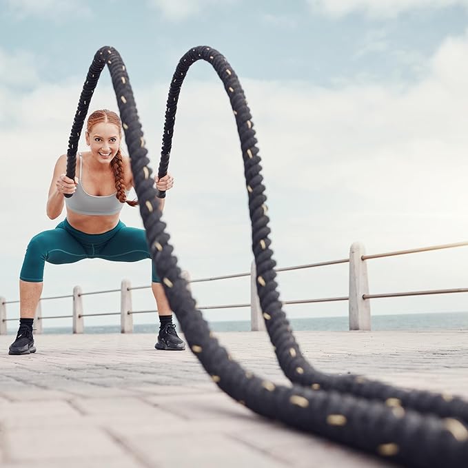 MECCANIXITY Battle Rope 20ft x 2 Inch Polyester Workout Rope Heavy Fitness Exercise Rope for Strength Training Home Gym Muscle Building, Black Yellow