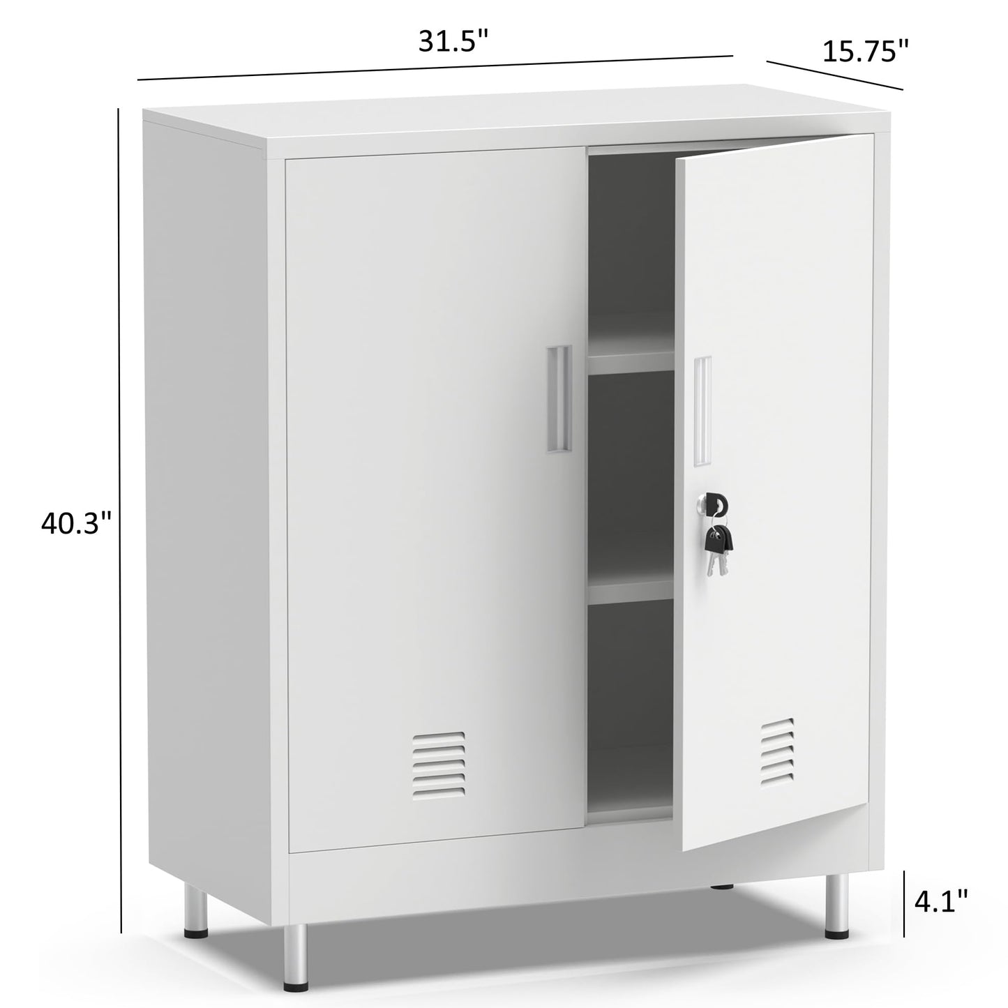JINGUR Metal Storage Cabinet with Locking Doors and 2 Adjustable Shelves, Lockable Storage Cabinet for Home Office Garage Pantry Living Room (White)