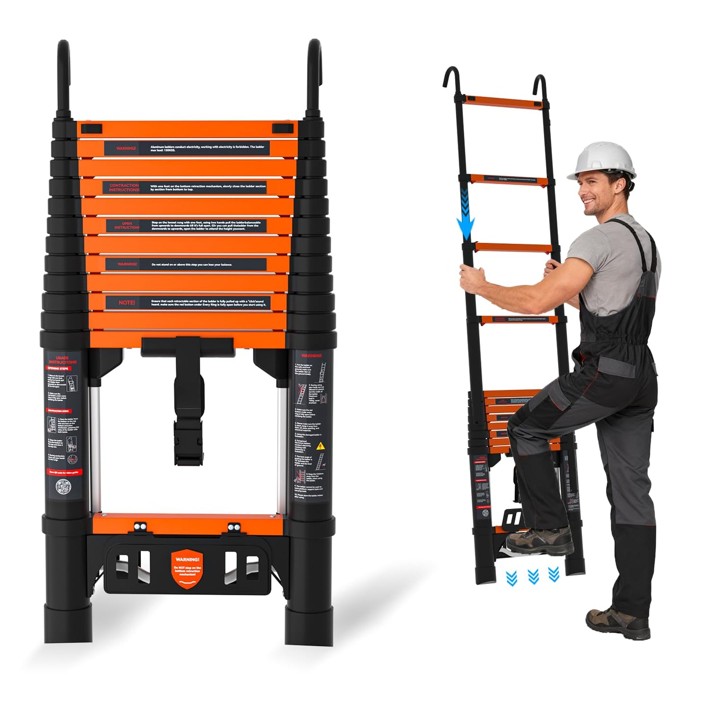 AOPENG 12.5FT Telescoping Ladder,Quick Folding Aluminum Extension Ladder for RV/Home/Outdoor, 330lbs Max Load Orange
