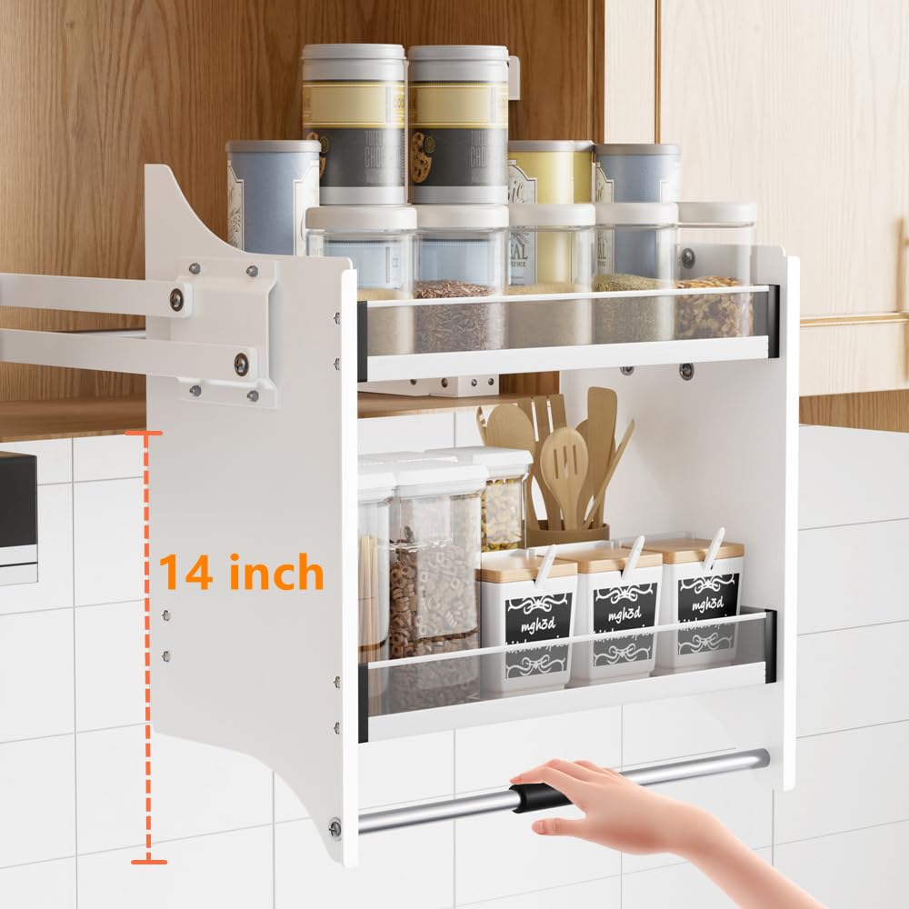 MIYUPTC Pull Down Shelf, Kitchen Wall Cabinet Upper Storage Organizer, 2 Tier Kitchen Shelf Spice Rack, 22-24 Inch Width, Black