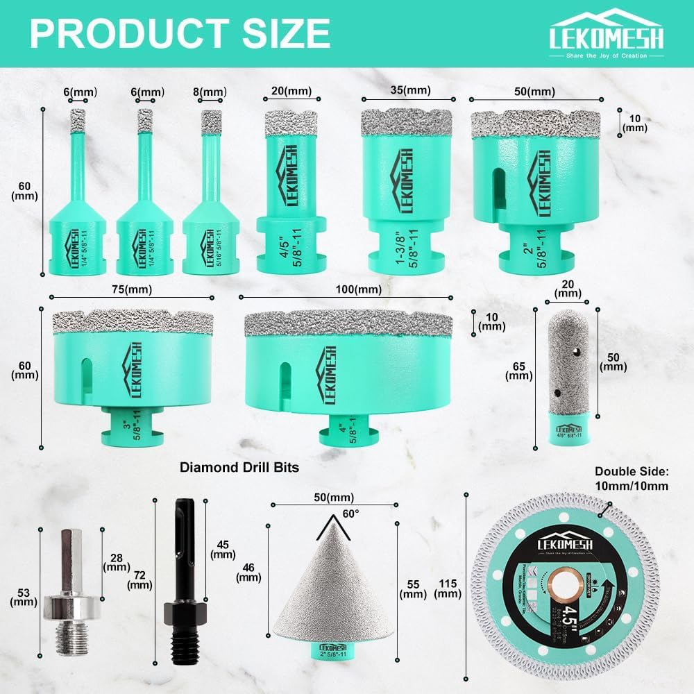 LEKOMESH Diamond Hole Saw Kit - Tile Hole Saw Kit 6-100mm with Cutting Disc, 13PCs for Porcelain Tile, Ceramic, Granite, Marble, Stone, Masonry Dry/Wet Drilling, Milling and Chamfering