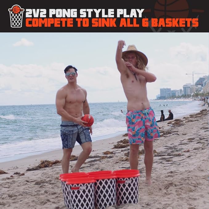 Giant Yard Pong and Basketball Game with 12 Buckets, 2 Balls, Carrying Bag, and Air Pump – Outdoor Game for Lawn, Backyard, Beach, and Parties