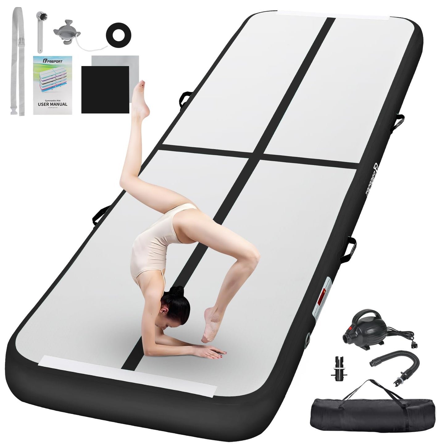 FBSPORT 10ft Inflatable Air Gymnastics Mat Training Mats 4 inches Thickness Gymnastics Tracks for Home Use/Training/Cheerleading/Yoga/Water with Pump