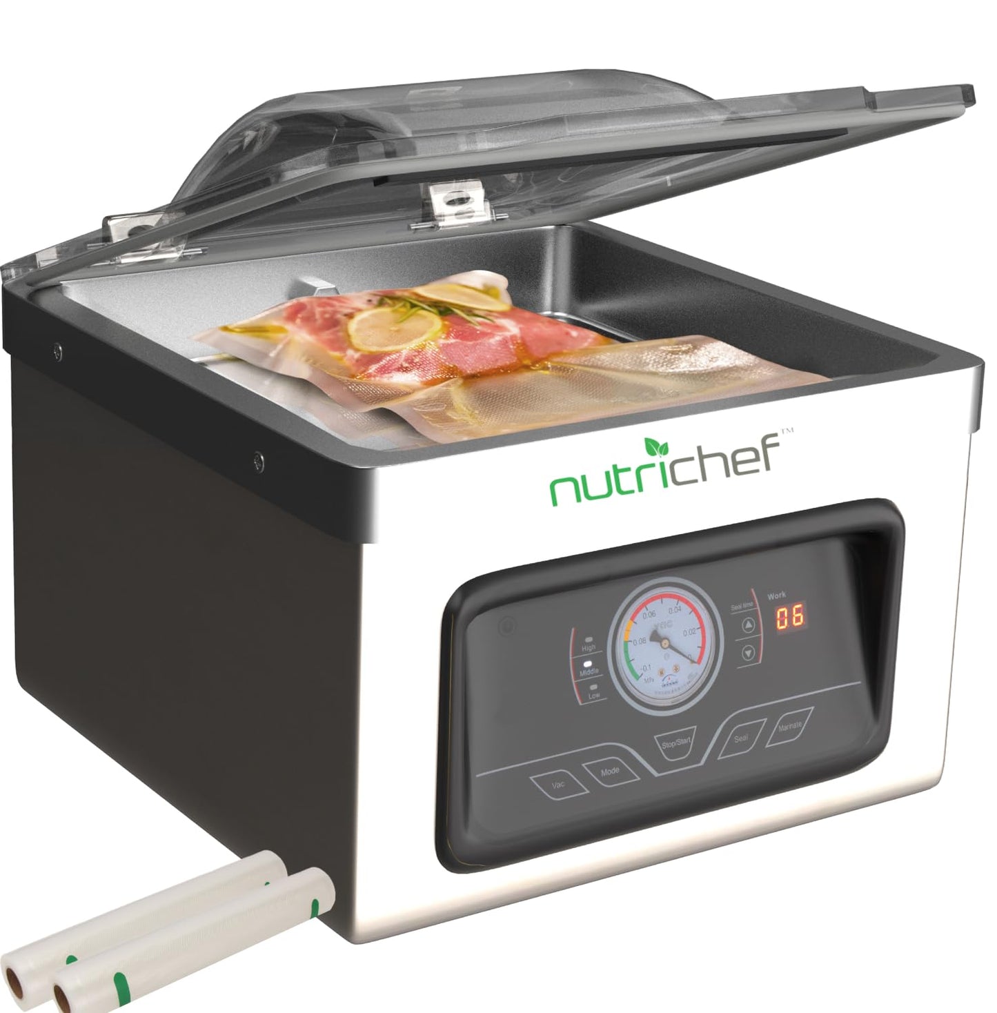 NutriChef Vacuum Sealer Machine - 350W Commercial 8L Chamber Type Automatic System Air Seal Machine Meat Packing Sealing Storage Preservation Sous Vide, Vac Roll Bags -NutriChef PKVS70STS