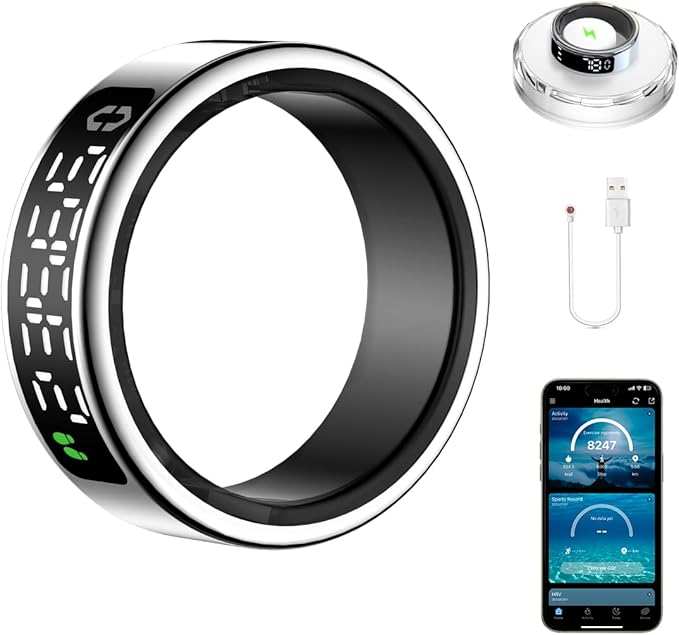 Smart Health Ring with Screen,for Women Men Fitness Tracker Heart Rate, Blood Oxygen, HRV, Sleep Monitoring, Step Counting, IP68 for iPhone and Android, No Subscription Fee (Silver, 11#)