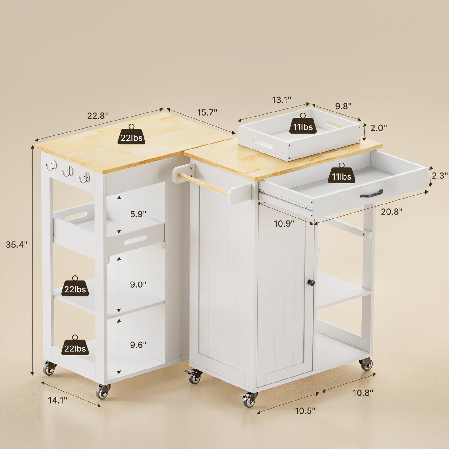 Gizoon Kitchen Island Cart with Removable Tray, 27.6''W Rolling Utility Trolley Cart with Drawer, Cabinet, Towel Rack, Hooks and 3 Open Storage Shelves, Mobile Storage Cart for Dining Room, Bar, White