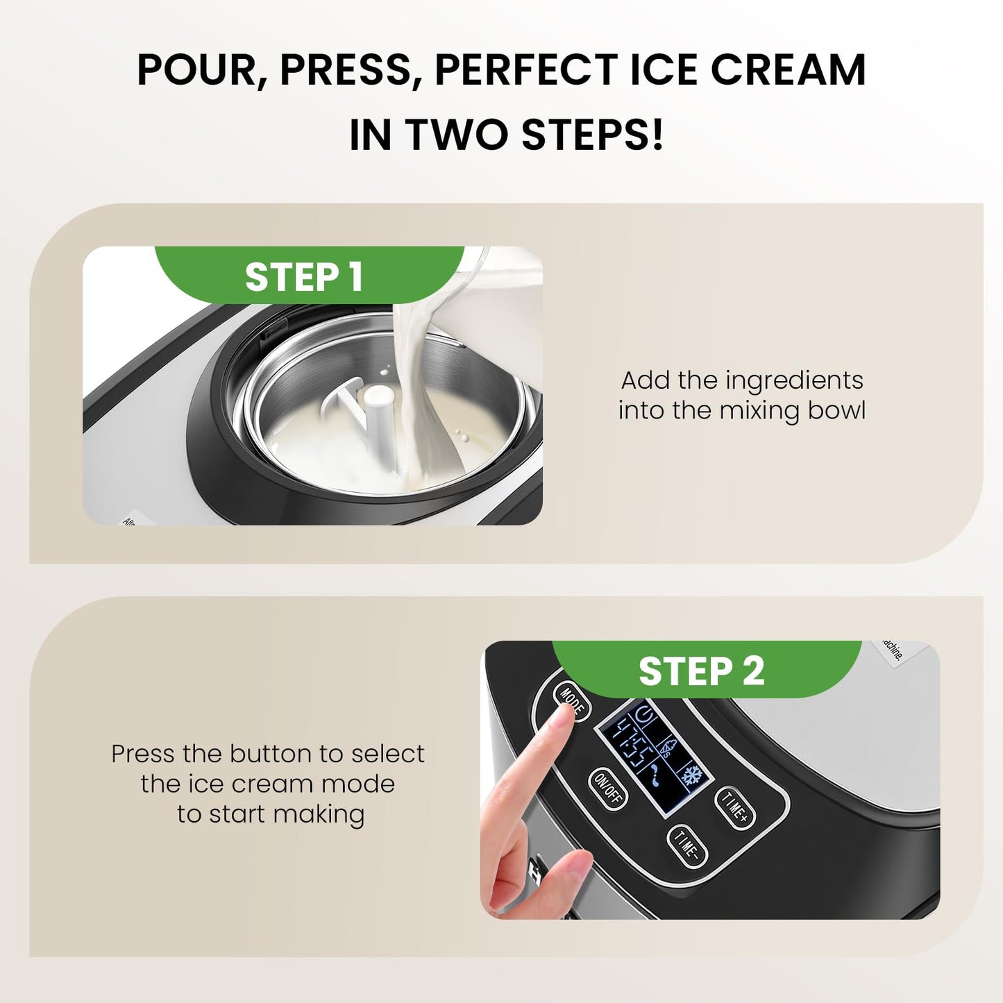 Huanyu Ice Cream Machines 1.5L Automatic Ice Cream Maker with Built-In Compressor | No Pre-Freezing, 3 Modes, LCD Digital Display & Timer