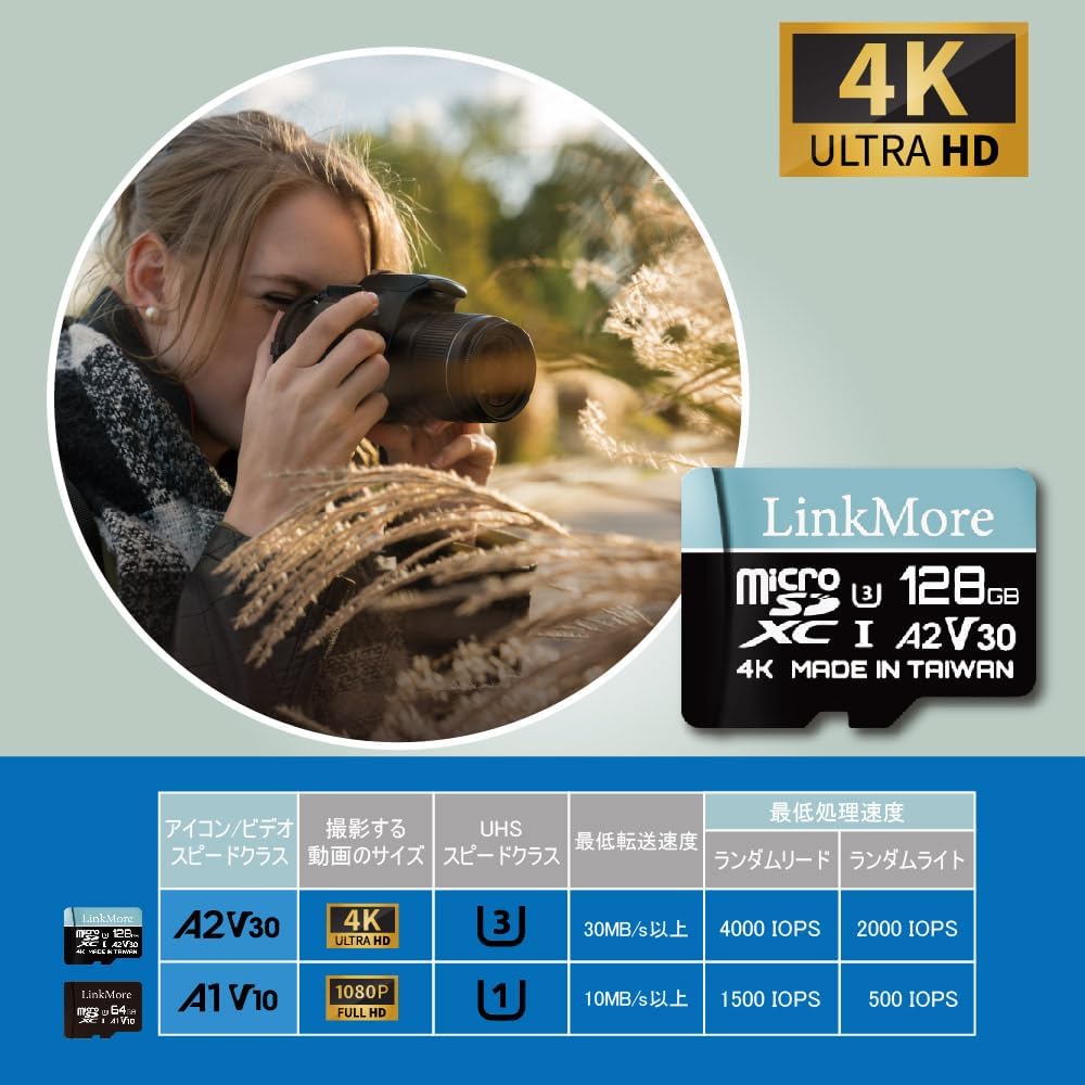 LinkMore 128GB A2, U3, V30, 10 100MB/s, 85MB/s, Lite Micro SD Card, UHS-I, Class Compatible, Max Sequential Read up