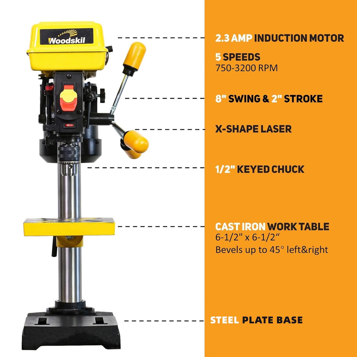 Woodskil 8 Inch Drill Press, 2.3 Amp 5-Speed Bench Drill Press with Laser Guide and Cast Iron Worktable, Bench Top Drilling Machine