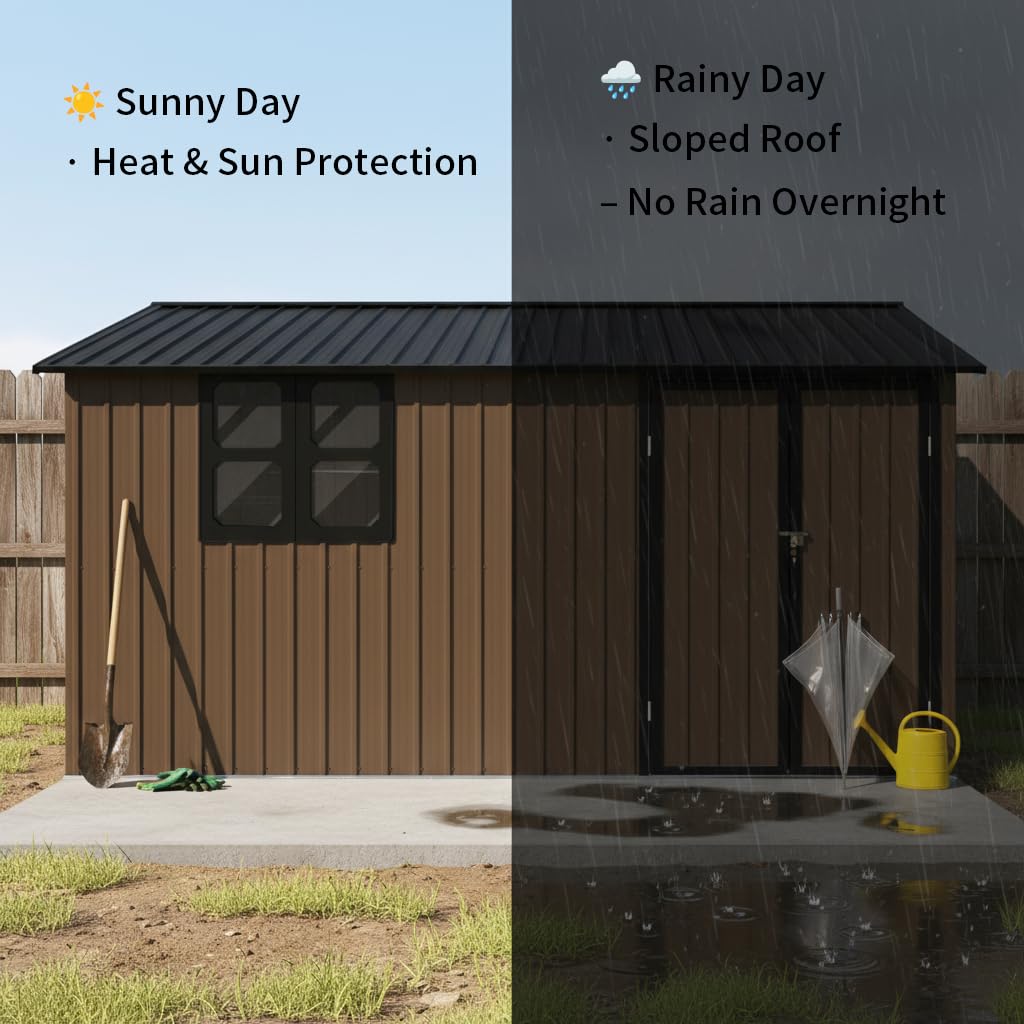 KEIKI 12x10 Ft Metal Outdoor Storage Shed Garden with Window, Foldable Worktable & Shelves, Lockable Door, Waterproof Apex Roof Heavy Duty Tool House for Backyard Garden Lawn, Brown