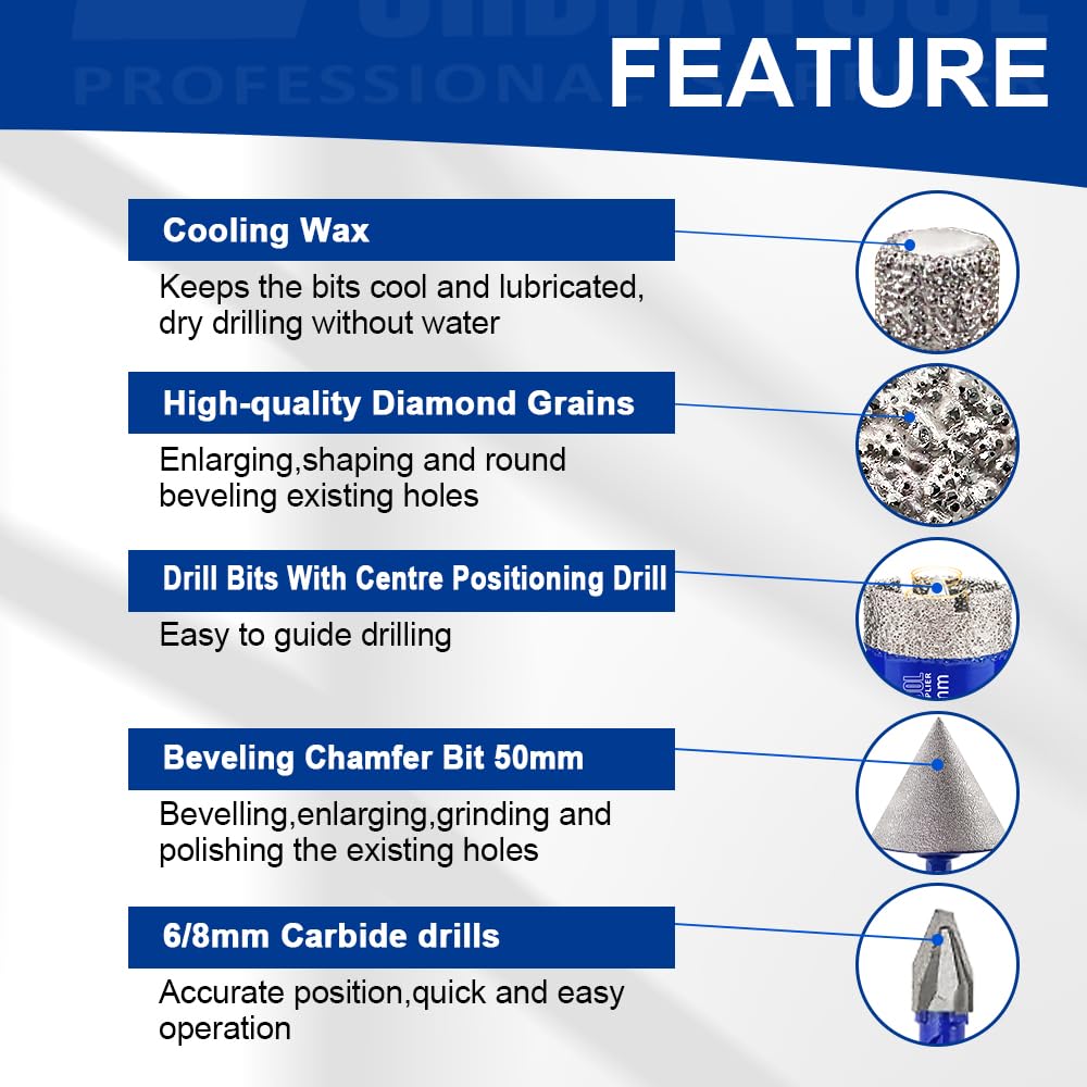 SHDIATOOL Tile Diamond Drill Bits Kit, Porcelain Hole Saw Sets, Ceramic Core Bits Cutter Drilling for Stone Marble Granite 15pcs(6/8/10/25/35/50/65/100MM/20MM/2/6/8MM)