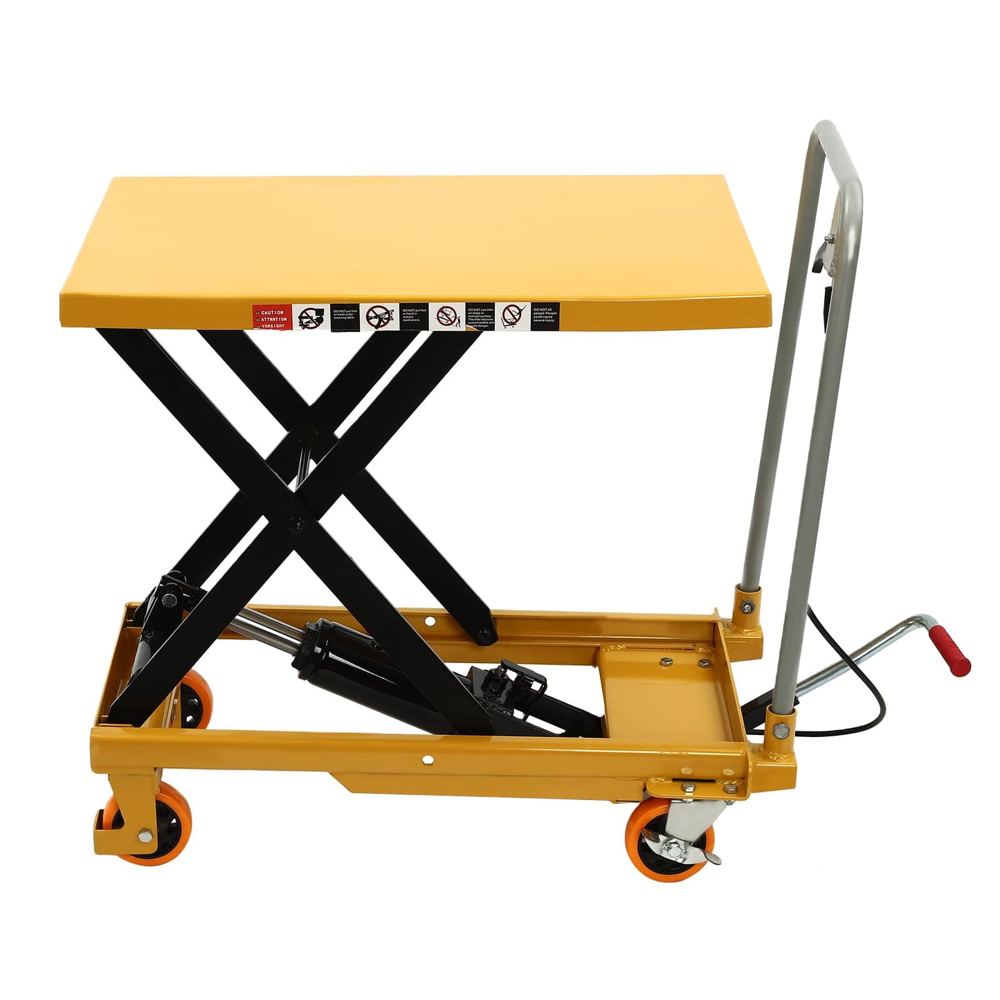 Hydraulic Lift Table Cart 500 lbs Load Capacity Manual Hydraulic Single Scissor Cart with Wide Deck, 4 Locking Wheels for Material Handling & Transportation (Yellow)