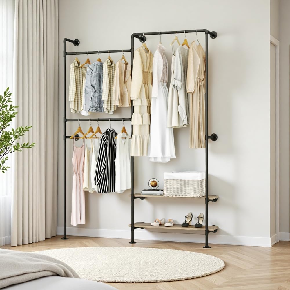 KaKaBB Industrial Pipe Wall-Mounted Clothing Rack with Double Hanging Rods & Shelves - Heavy Duty Storage for Wardrobe, Bedroom, Walk-In Closet (Black)
