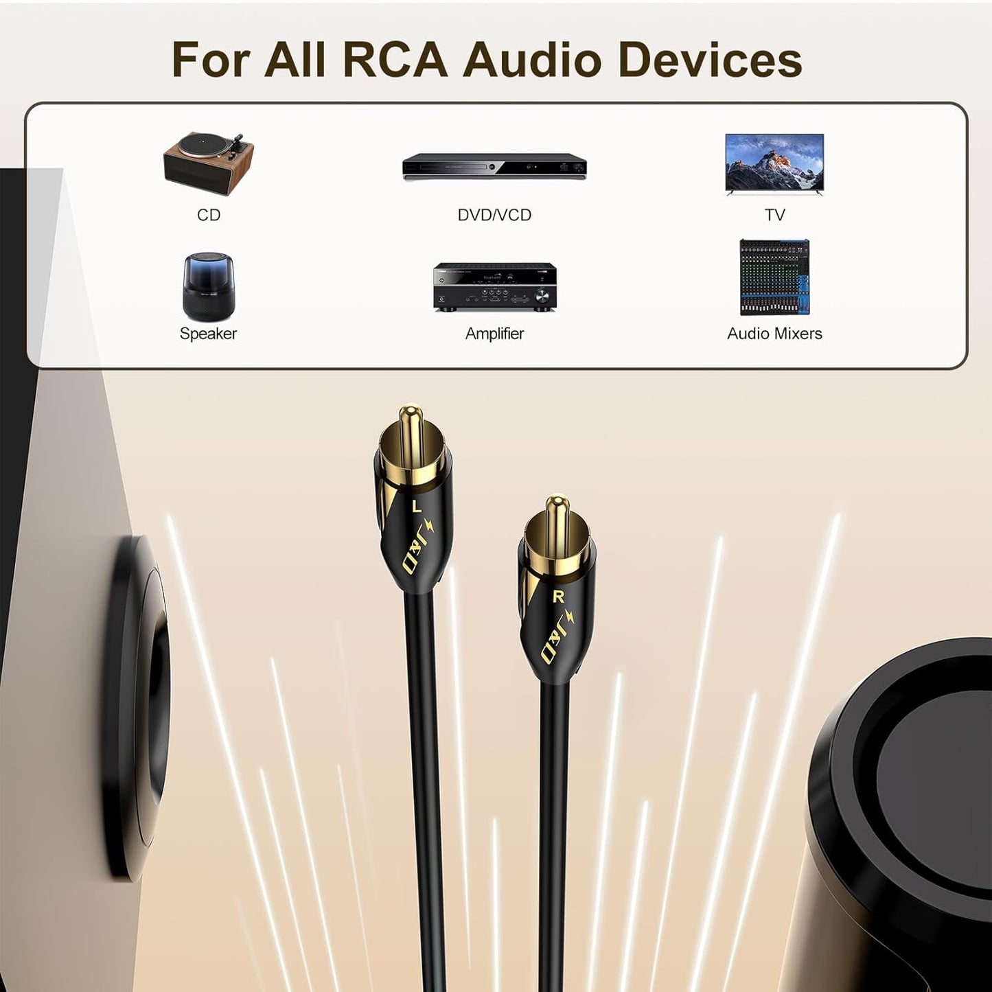 24 2RCA 6 Feet/1.8 J&D Audiophiles RCA Cable, AWG Male to Male Stereo Interconnect Audio Cord, Gold-Plated Subwoofer