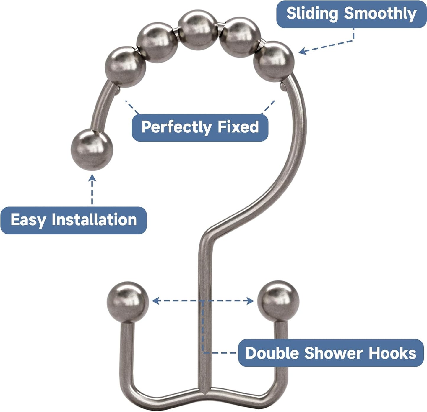 Titanker Shower Curtain Hooks - Rust Resistant Metal Double Glide Rings, Set of 12 - Nickel Finish