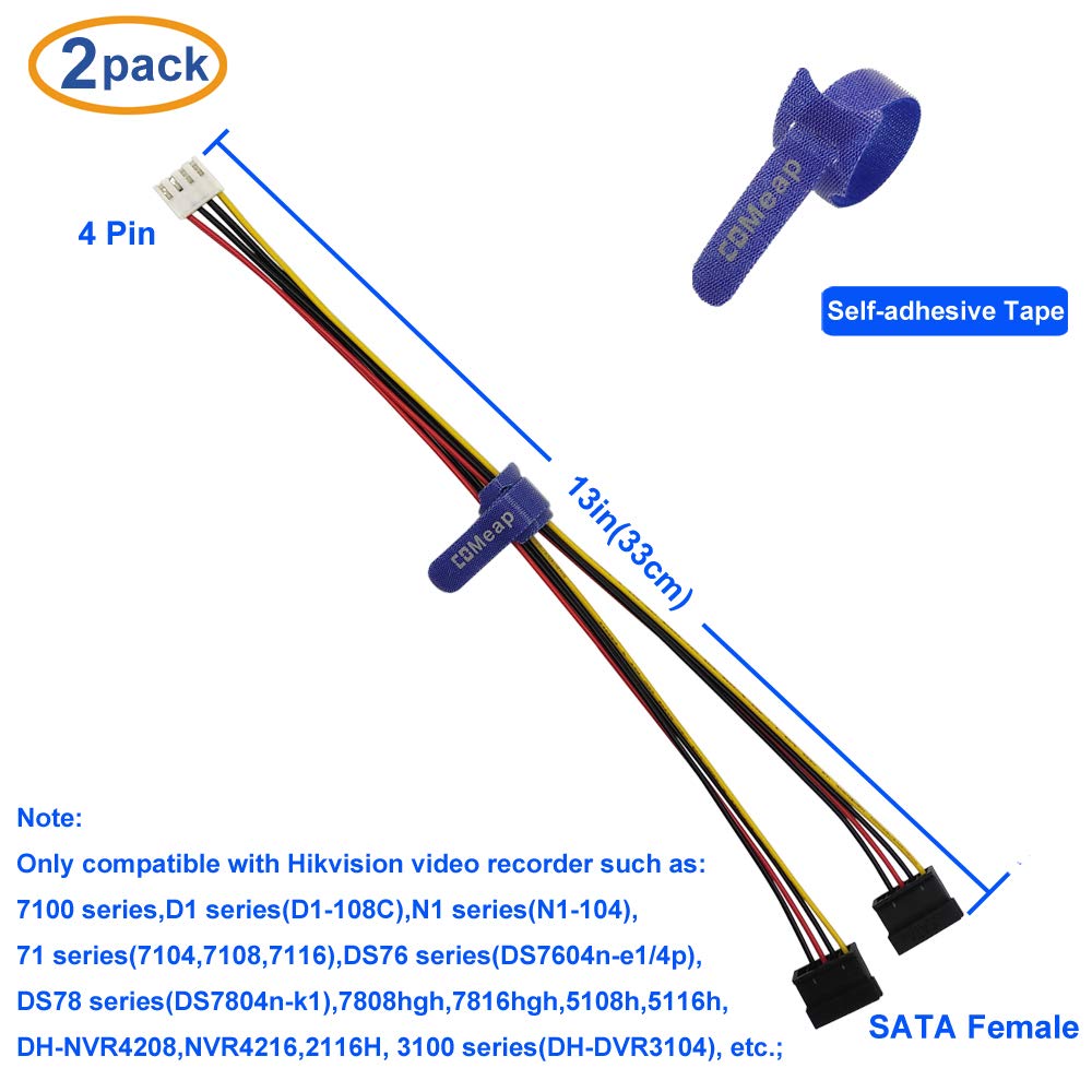 4 13-in(33cm)(2-Pack) COMeap SATA Power Cable for Hikvision Video Recorder, Pin to SATA Hard Drive HDD Power Adapter