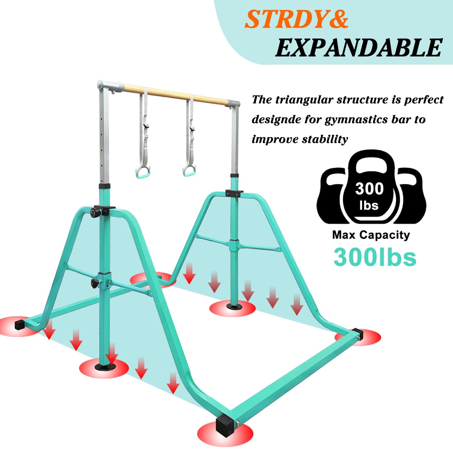 kechery Foldable & Moveable Gymnastics Horizontal Bar with Rings,3’to 5’Adjustable Height Expandable Junior Kip Bar for Home,Indoor Gym Equipment for Kids (Foldable Teal with Rings)