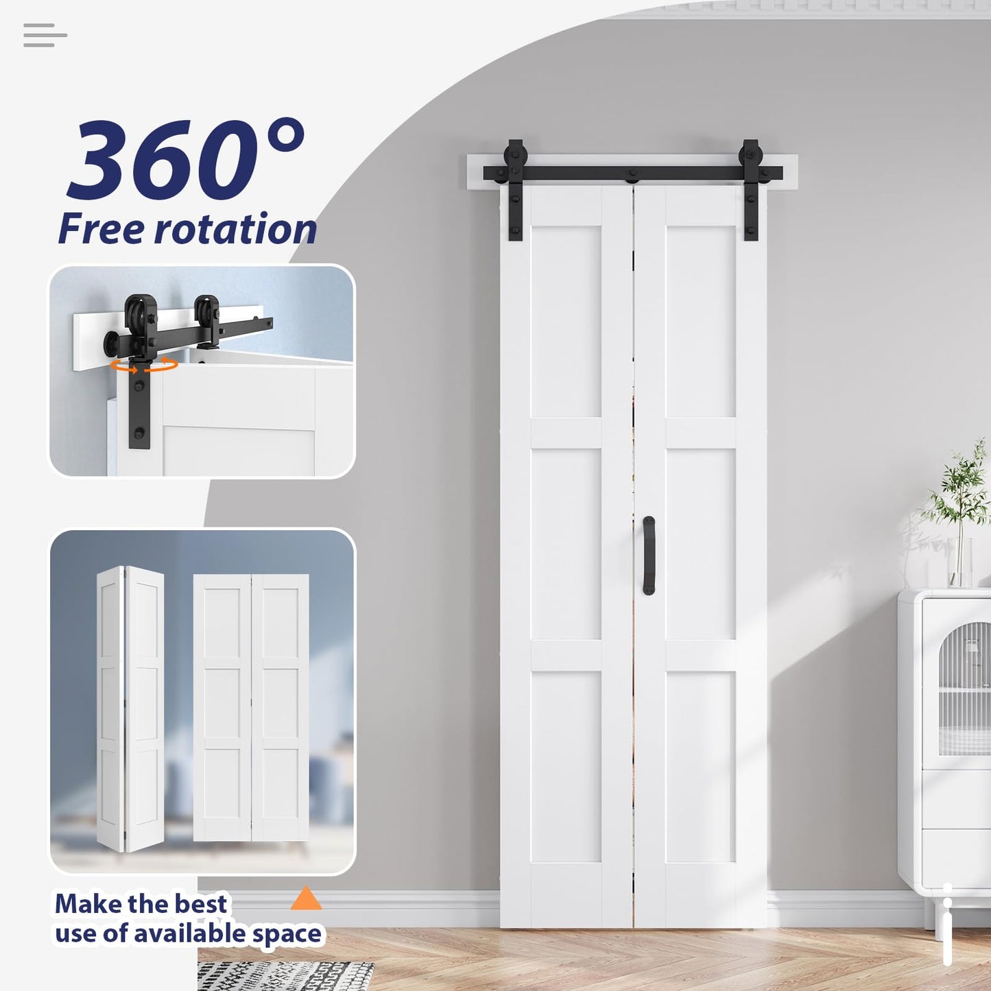 FREDBECK 30X84(Double 15x84) White Bifold Barn Door Sliding Bi fold Doors Bi-fold Folding with 34" Hardware Kit & Handle,Solid MDF Door with Water-Proof PVC Surface for Closet,Assembly Required