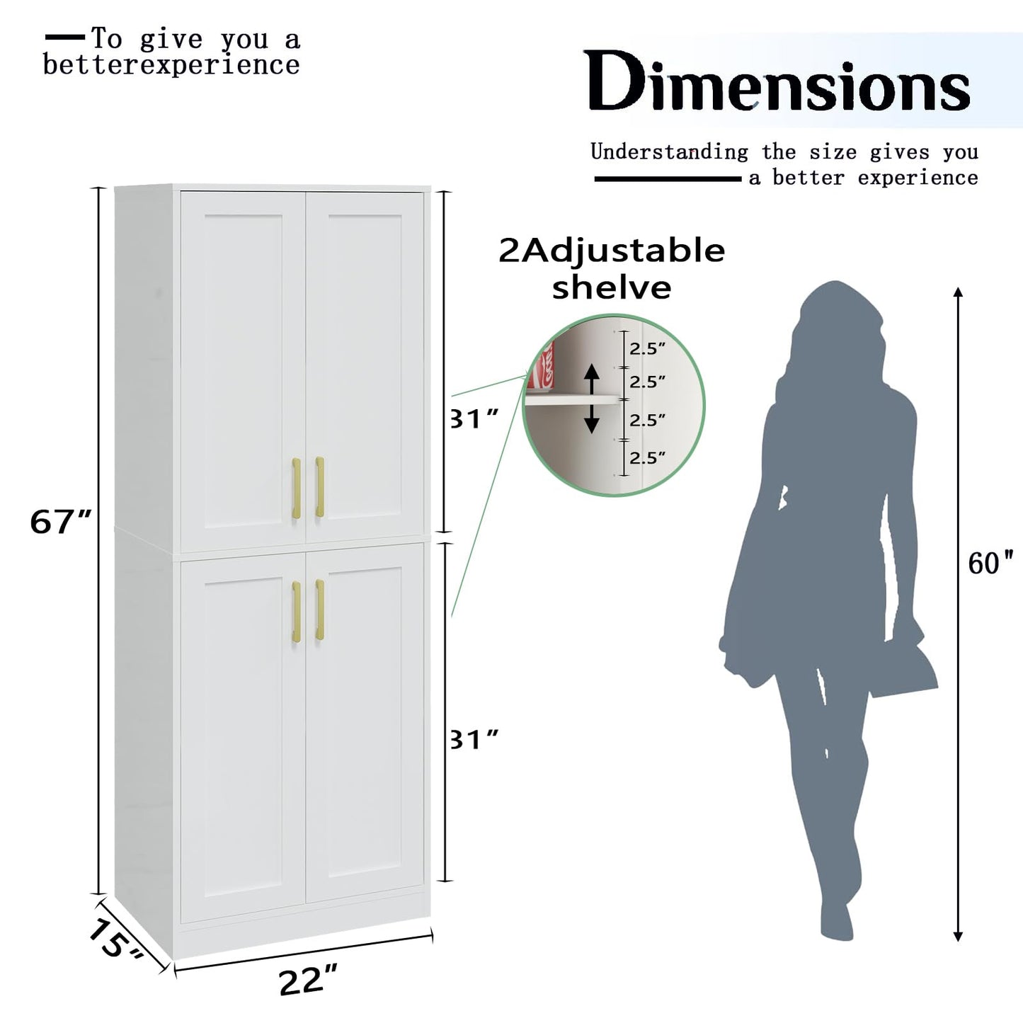 Hamesen Storage Cabinet, Kitchen Pantry with Doors & Shelf, Tall Storage Cabinet for Bathroom, Living Room, Entryway,White