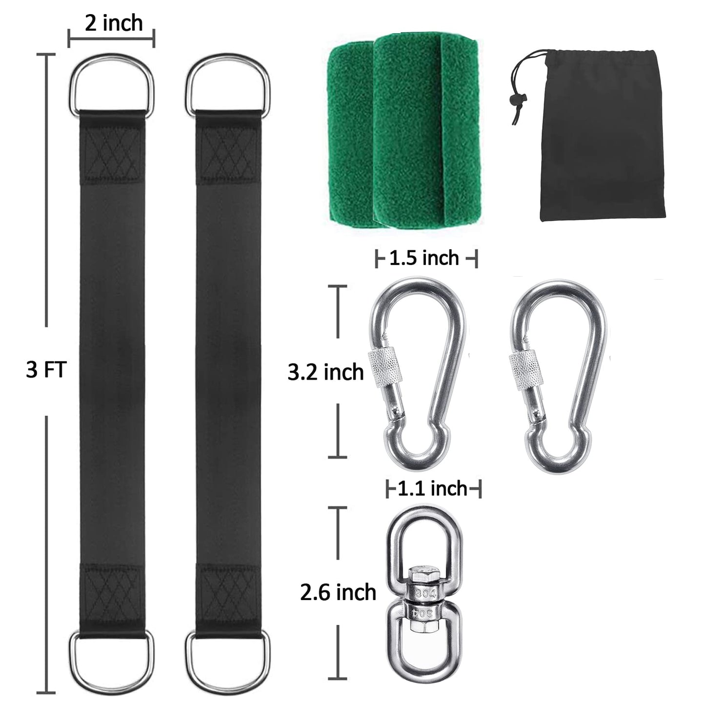 Werfeito Tree Swing Straps Hanging Kit (Set of 2), 3FT/8FT/10FT/20FT/30FT Tree Swing Straps Holds 2500 lbs with Tree Protector, Safety Lock Carabiner and Swivel Perfect for Swings & Hammocks(3 FT)