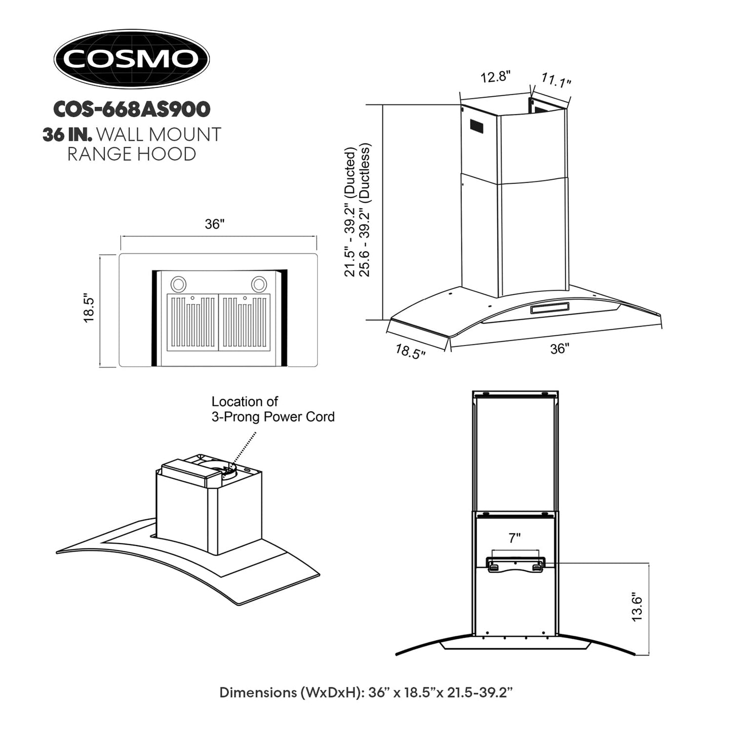 COSMO COS-668AS900 36 in. Vista Collection 380 CFM Ducted Wall Mount Range Hood, Touch Controls, LED Lights, Stainless Steel
